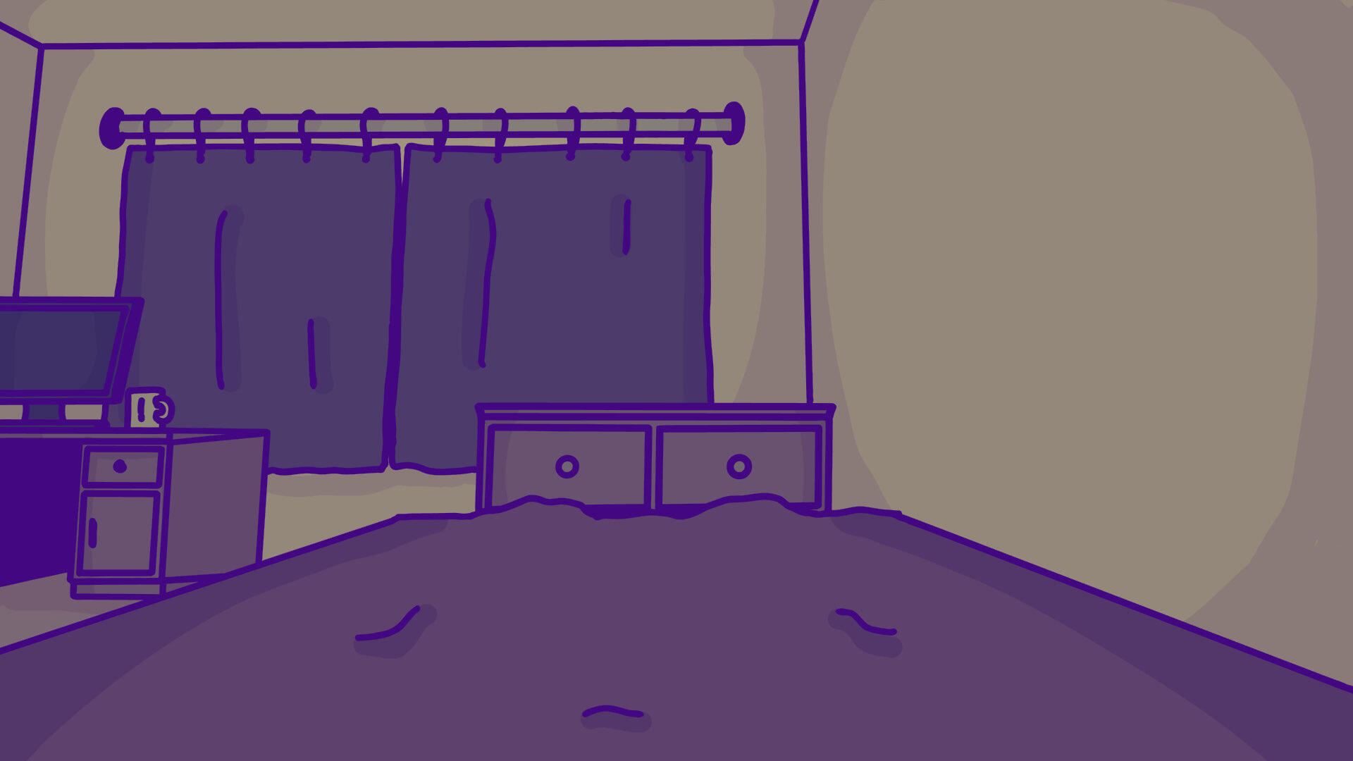 an illustration of a bedroom, from the perspective of laying in bed