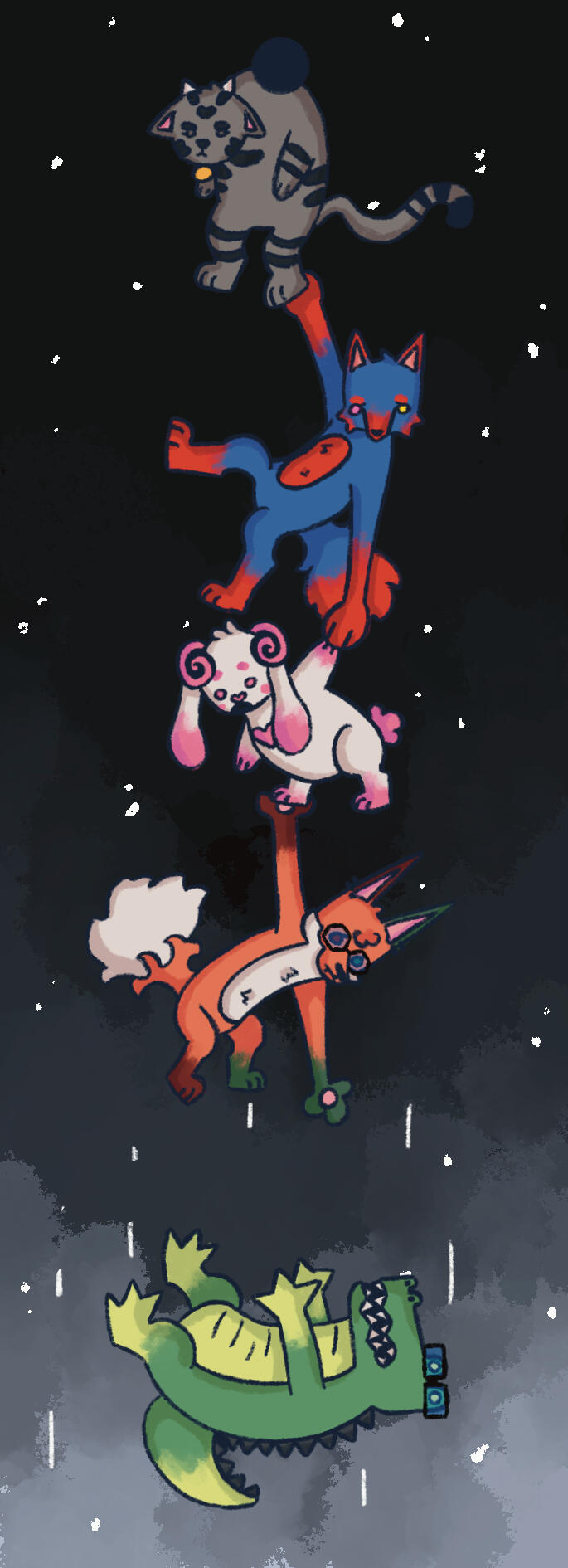 an illustration of five animal characters hanging in the air- a bookmark design