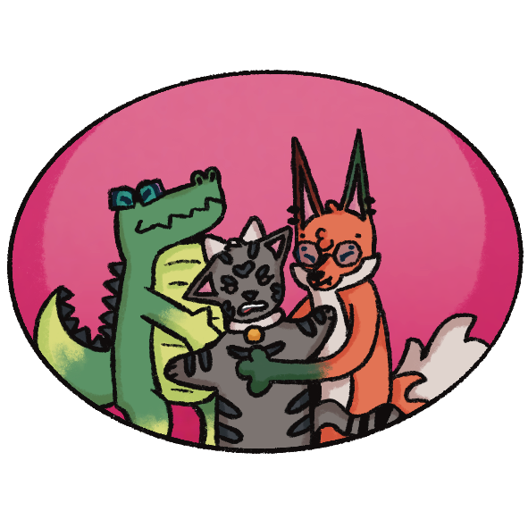 an illustration of three animal characters hugging