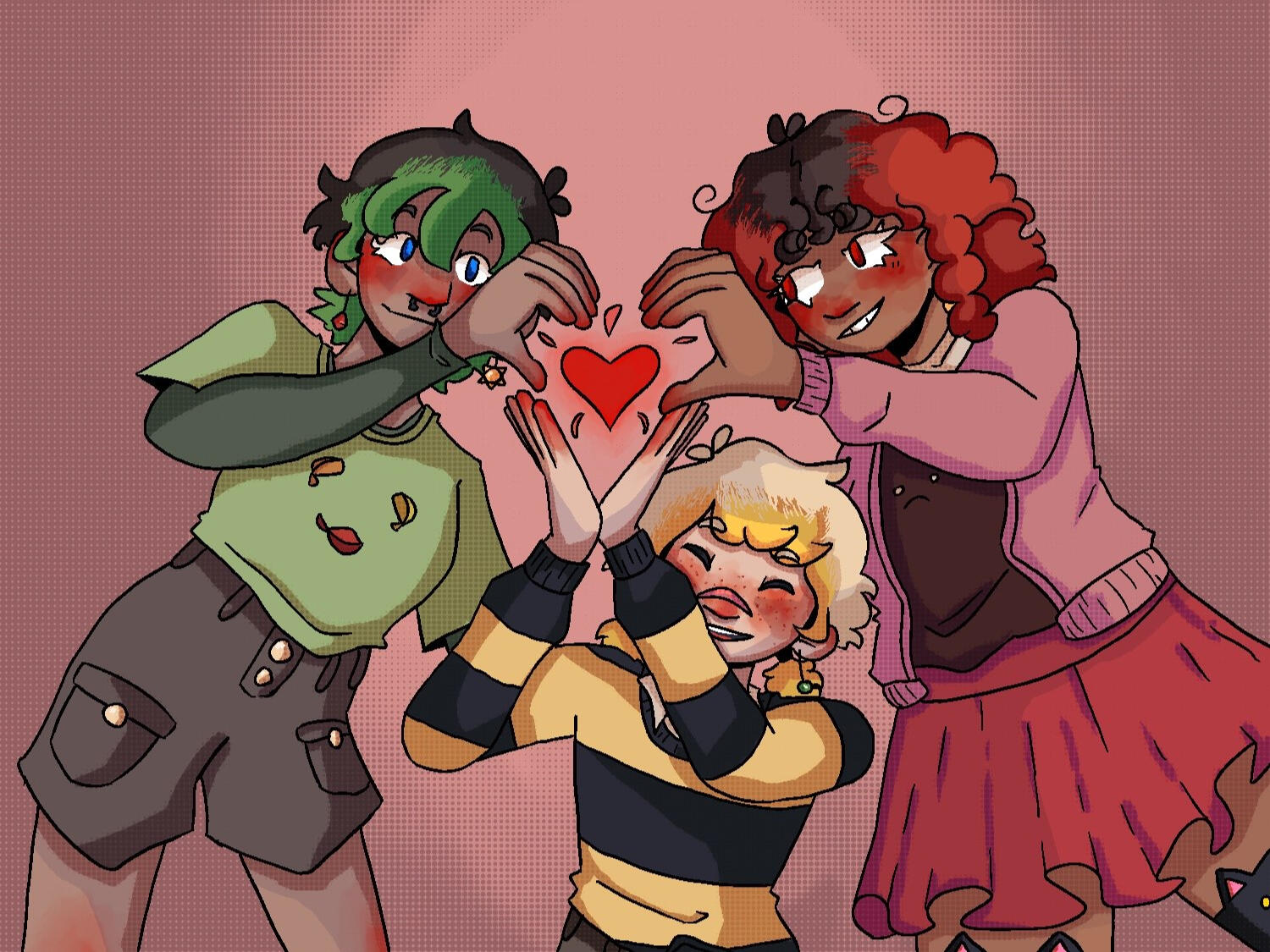an illustration of original characters Melody, Frankie and Annabel making a heart with their hands