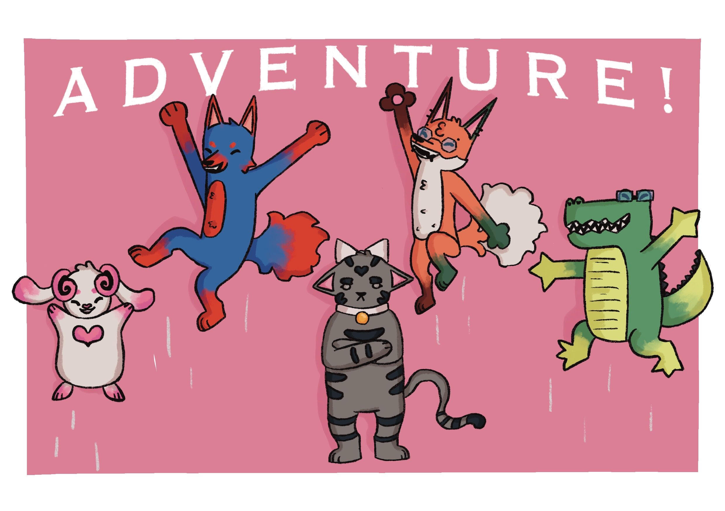 illustration of five animal characters jumping in the air