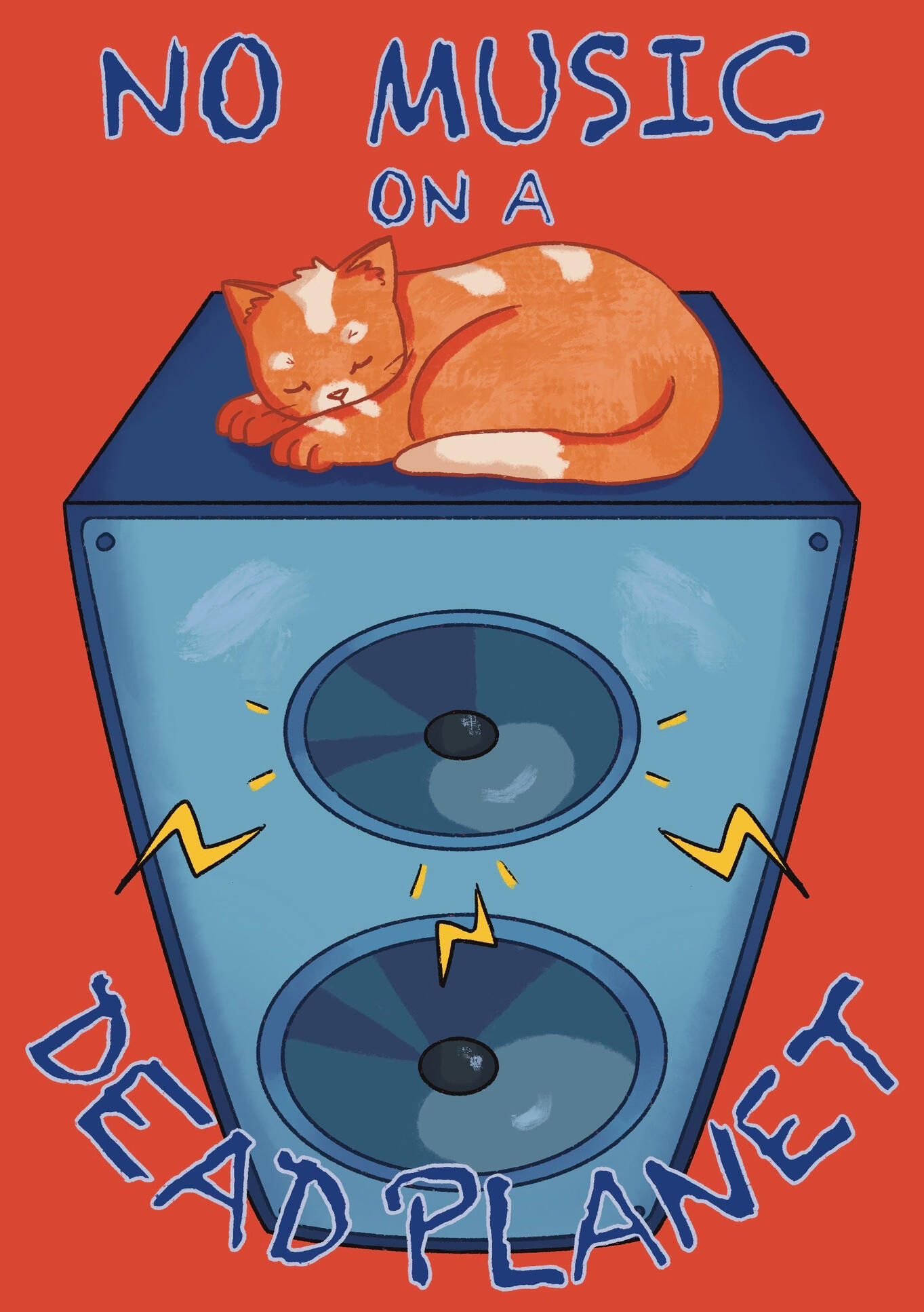 illustration of a zine page- a cat is sleeping on a speaker