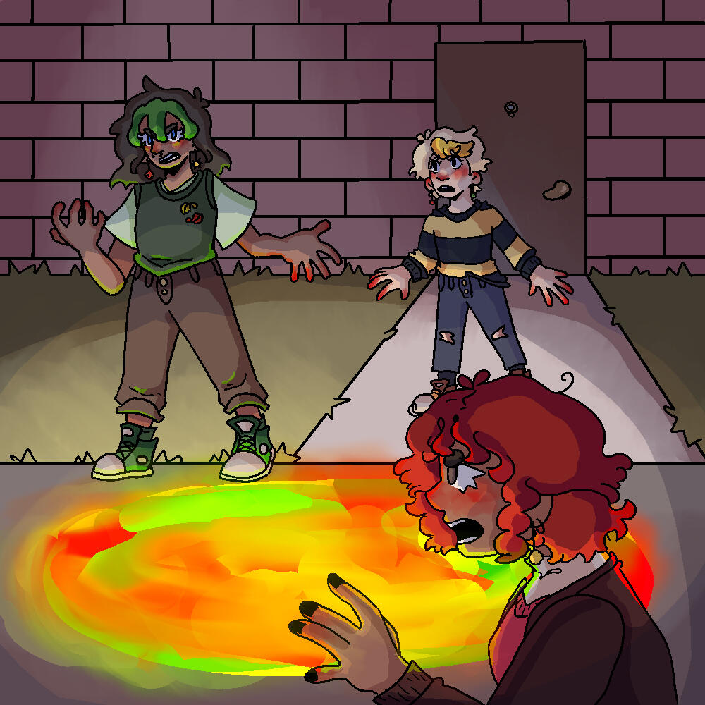 an illustration of three characters arguing as a portal opens beneath them