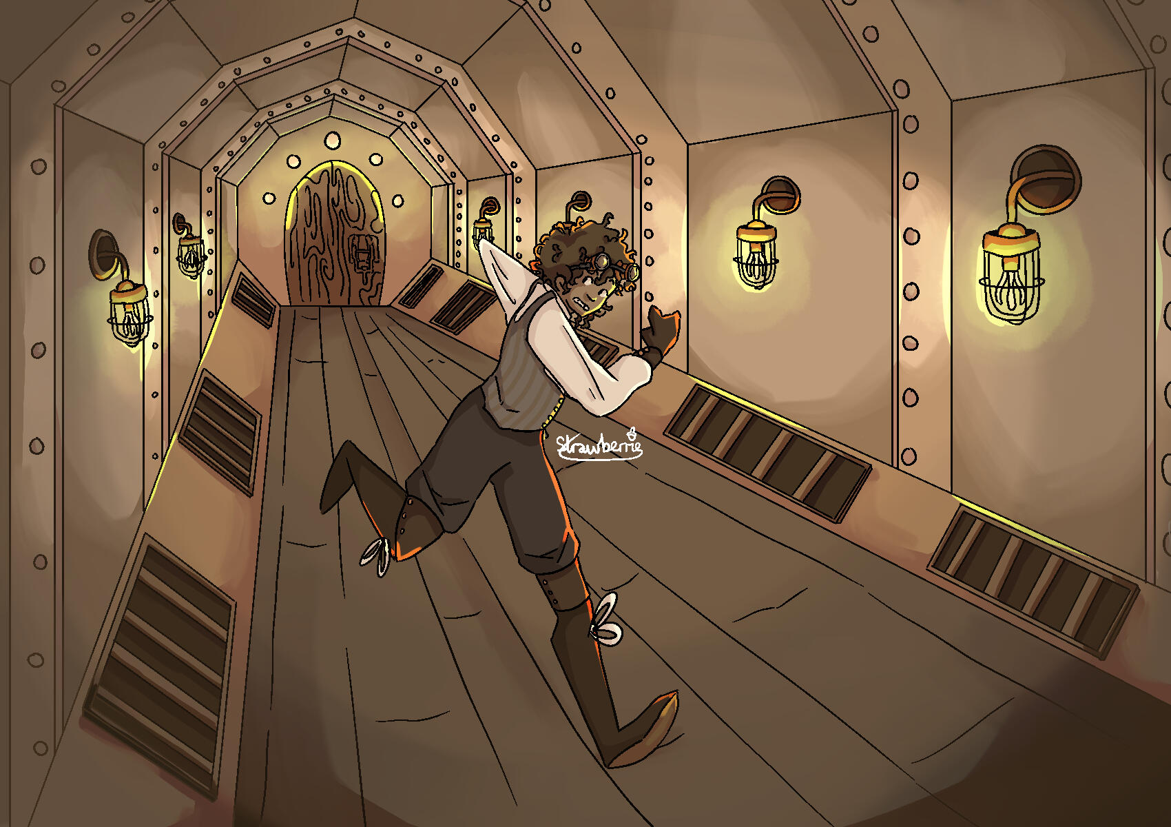 illustration of a character running through a hallway