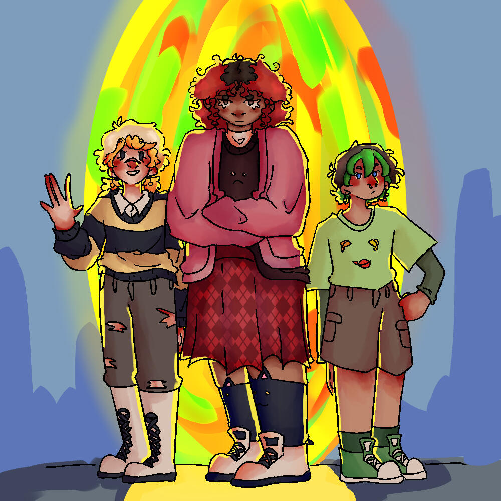 an illustration of three characters in front of a portal