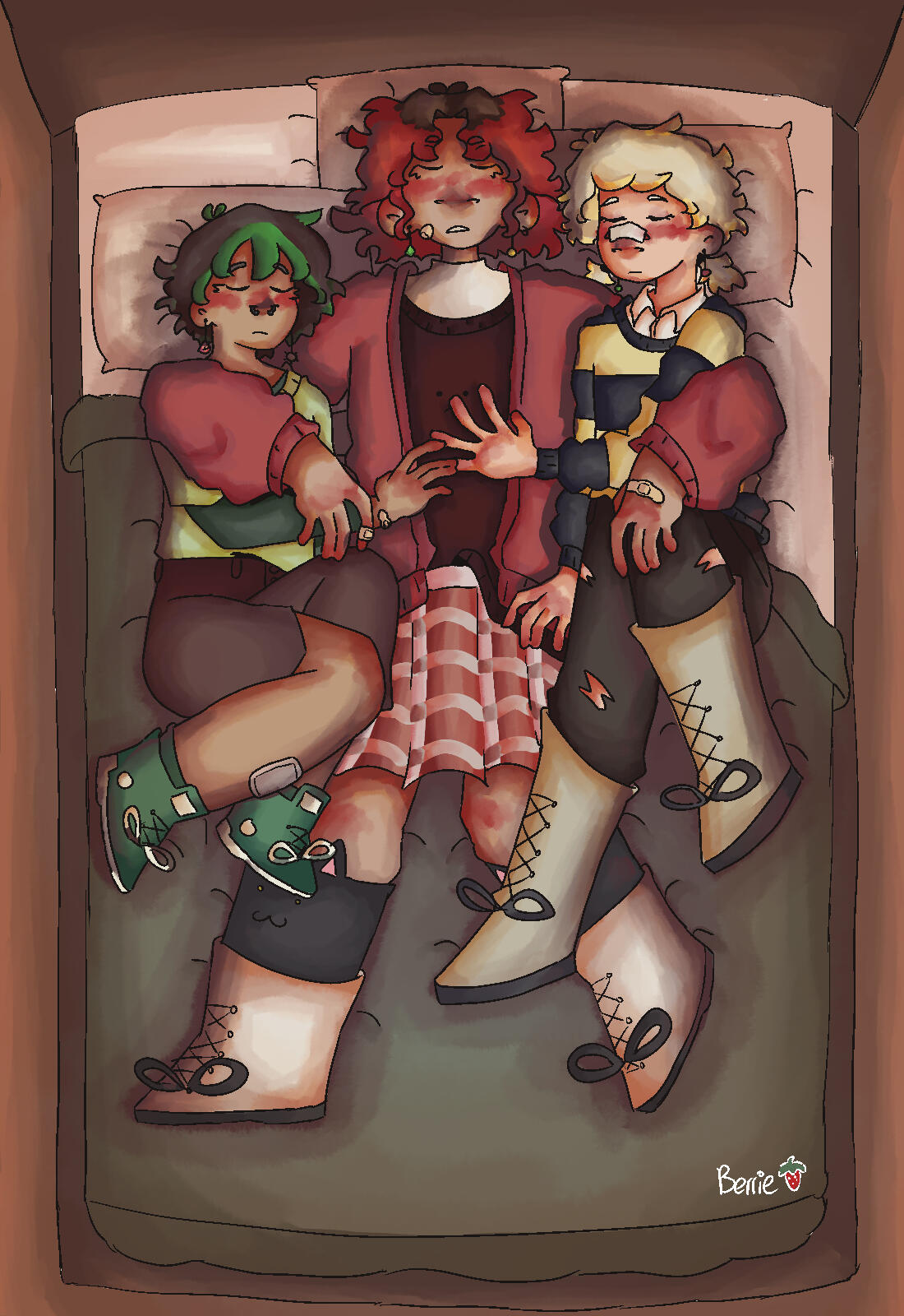 an illustration of three characters cuddling