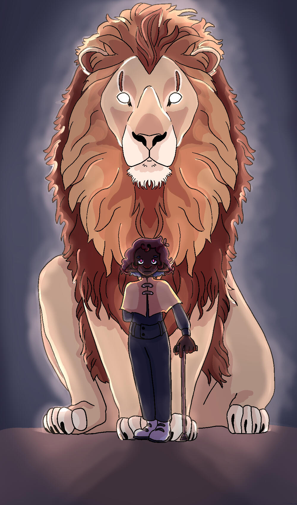 an illustration of a character with a giant glowing lion behind him