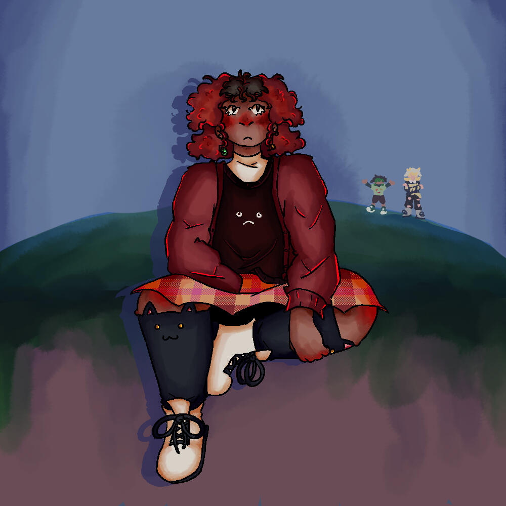 an illustration of a character sitting whilst two more wait in the background