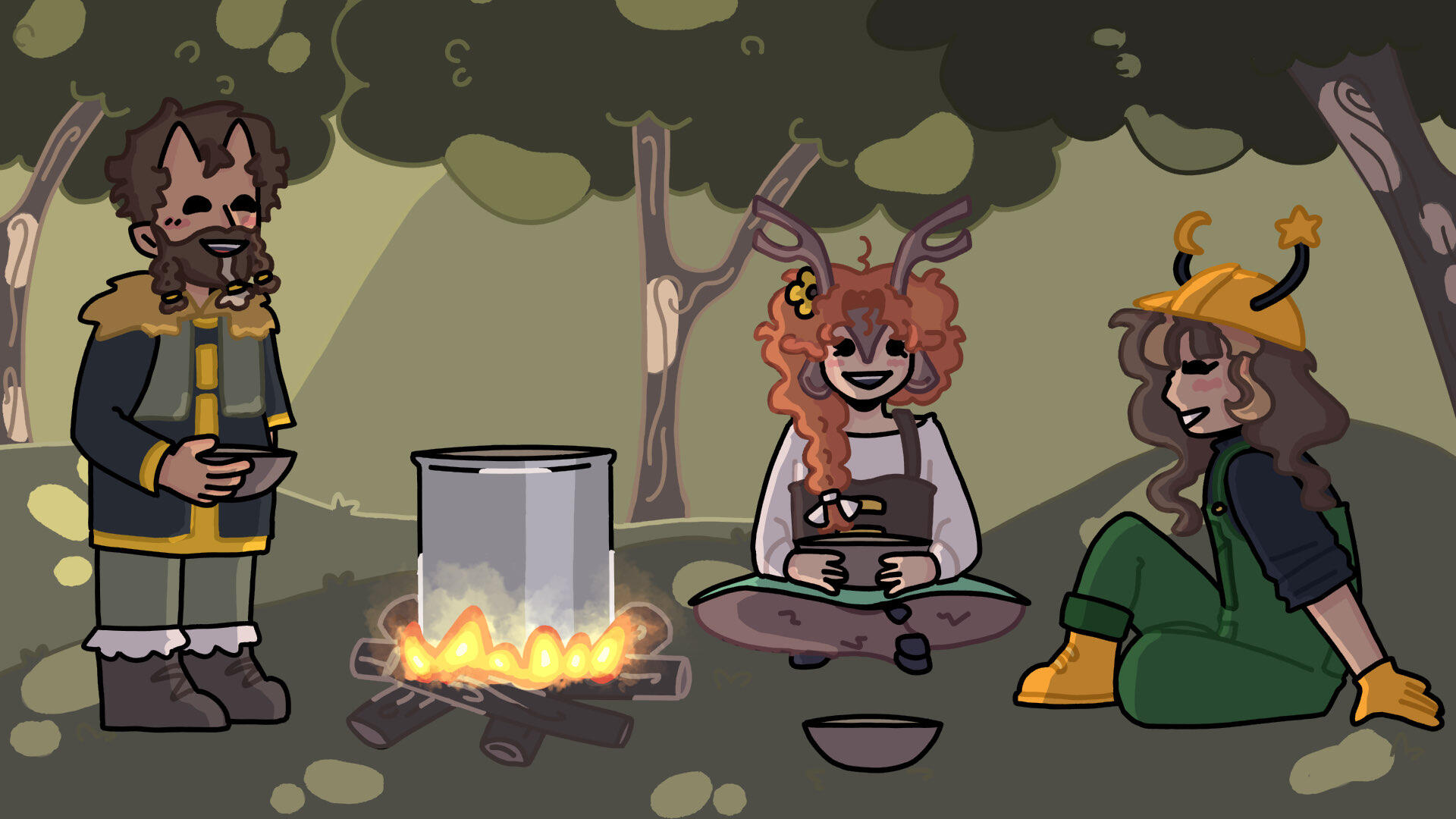 an illustration of ImpulseSV, Geminitay and Pearlescentmoon making soup