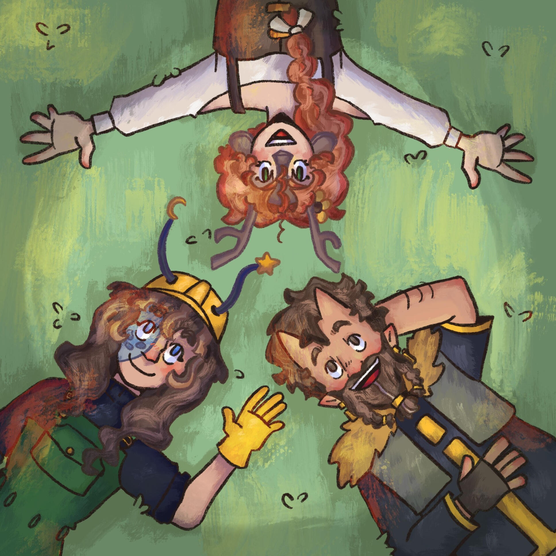 illustration of Pearlescentmoon, ImpulseSV and Geminitay laying in the grass