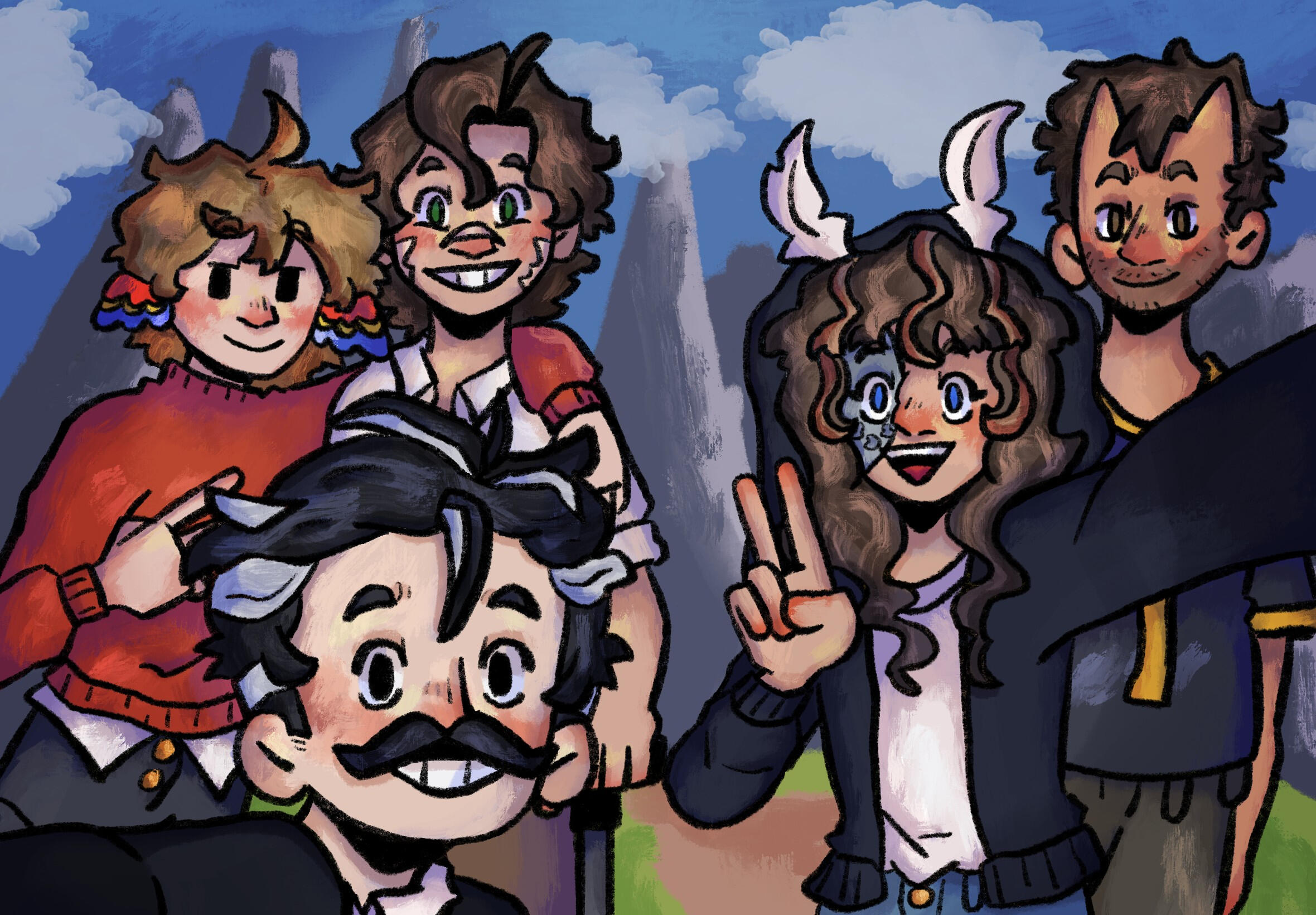 an illustration of Grian, GoodTimesWithScar, MumboJumbo, Pearlescentmoon and ImpulseSV in Hermitcraft Season 8