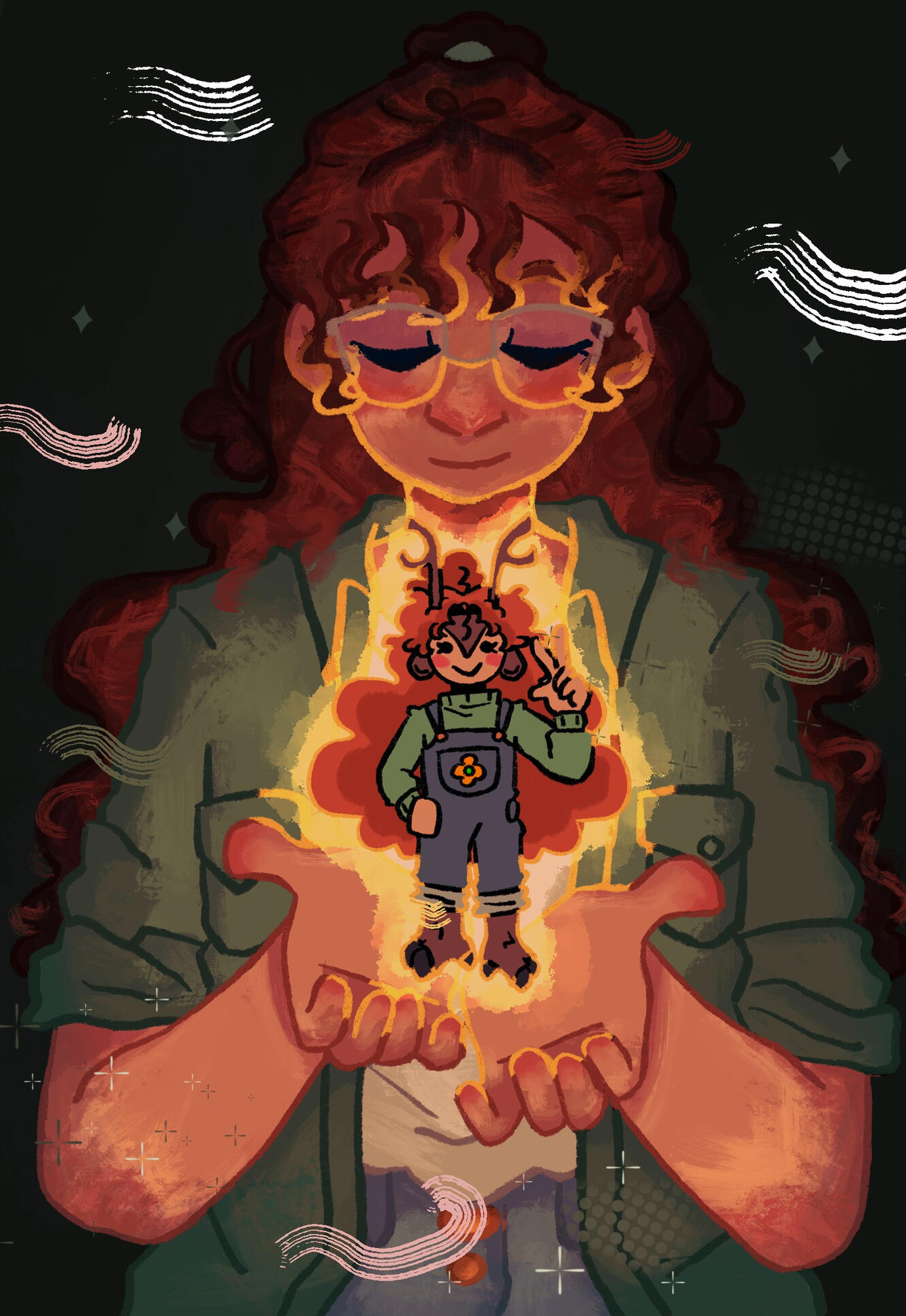 an illustration of Geminitay holding a small cartoonish version of Geminitay